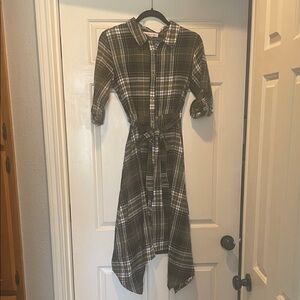Olive Plaid High Low Shirt Dress